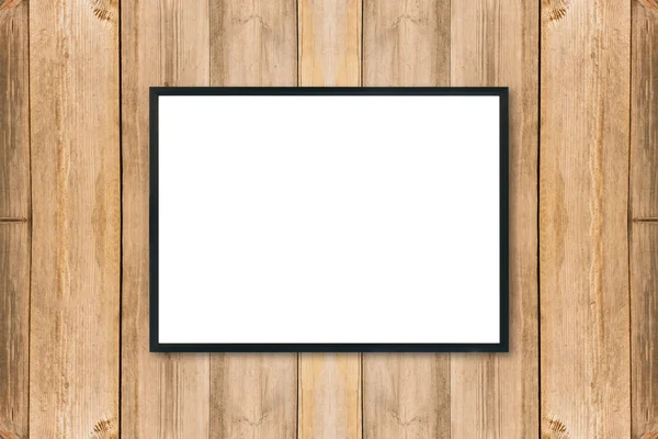 Mock up quadro de imagem de cartaz em branco na parede de madeira . — Fotografia de Stock