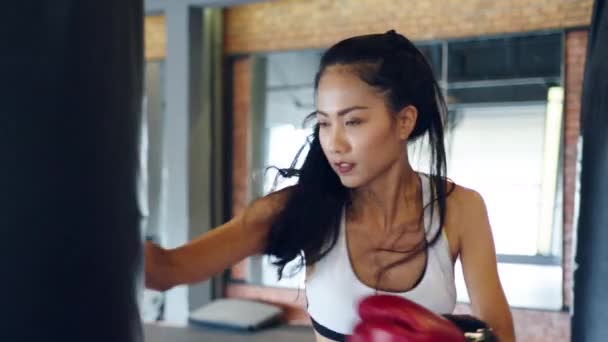 若いアジア女性キックボクシング運動体操フィットネスクラスで袋タフな女性戦闘機練習ボクシングパンチングバッグ スポーツ女性のレクリエーション活動 機能的なトレーニング 健康的なライフスタイルの概念 — ストック動画