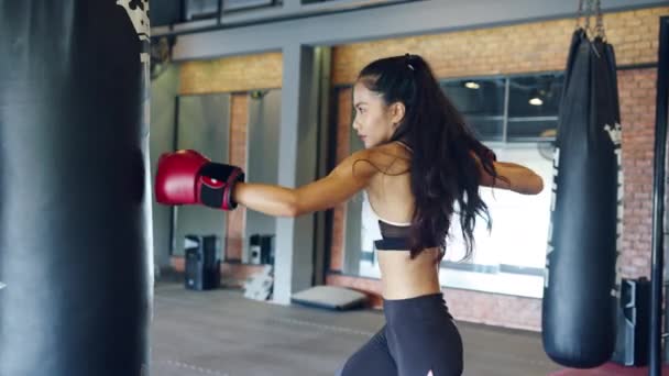 Joven Mujer Asia Kickboxing Ejercicio Entrenamiento Saco Boxeo Duro Mujer — Vídeos de Stock