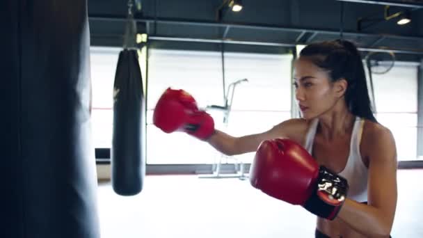 Young Asia lady kickboxing exercise workout punching bag tough female  fighter practice boxing in gym fitness class. Sportswoman recreational  activity, functional training, healthy lifestyle concept. Stock Photo