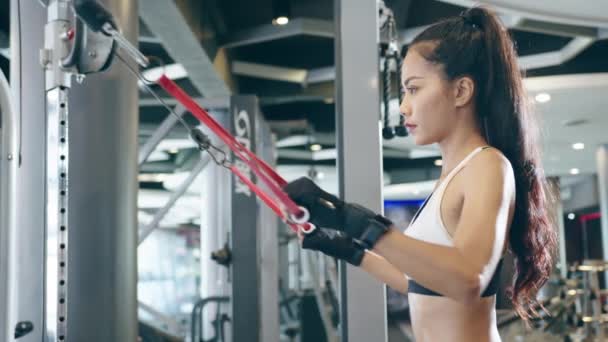 年轻的亚洲女士在健身课上做运动机械电缆交叉体脂燃烧锻炼 运动员六包 女运动员娱乐活动 功能性训练 健康的生活方式 — 图库视频影像