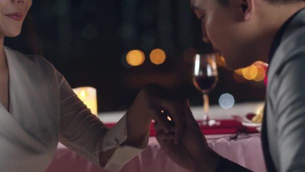 Young Asian Couple Kiss Moment Romantic Dinner Drinking Wine Rooftop — Stock Video