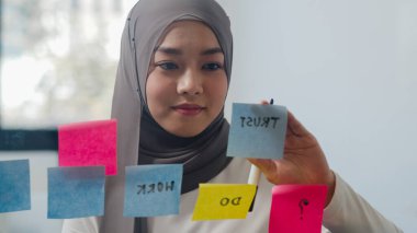 Asyalı Müslüman kadın yeni normal ofisindeki cam tahtaya yapışkan bir not yazdı. Evden çalışmak, uzaktan çalışmak, kişisel izolasyon, sosyal uzaklık, koronavirüs önleme için karantina.