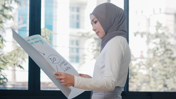 Asia muslim lady drawing work plan think information reminder on paper in new normal office. Working from home, remotely work, self isolation, social distancing, quarantine for coronavirus prevention.