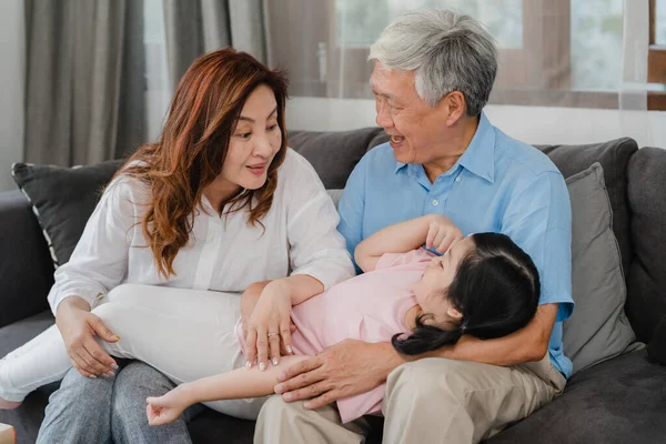 Asian Grandparents Talking Granddaughter Home Senior Chinese Old Generation Grandfather — Stock Photo, Image