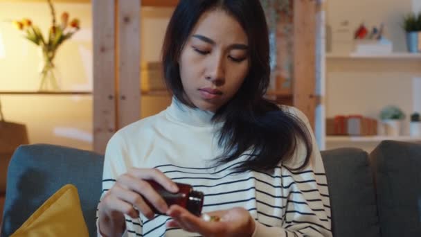 Sick Asian Young Lady Holding Pill Take Look Medicine Sit — Stock Video