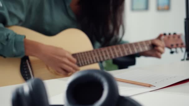 Happy Asia Woman Songwriter Play Acoustic Guitar Listen Song Smartphone Stock Footage