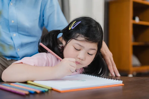 Asian Grandfather Teach Granddaughter Drawing Doing Homework Home Senior Chinese — Stock Photo, Image