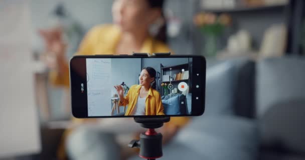 Young Asia Lady Czech Teacher Video Call Smartphone Talk Webcam — Stock video