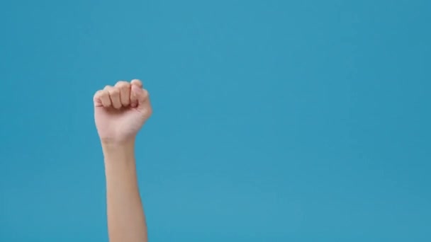 Młoda Kobieta Ręka Pokazuje Kształty Serca Wysyłając Miłość Kochanka Niebieskim — Wideo stockowe