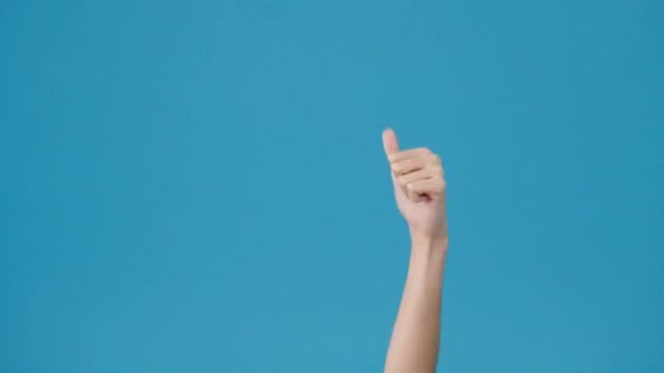 スタジオで青い背景の上に孤立した親指を示すクレジットカードを手に持つ若い女の子 テキスト 広告のメッセージを配置するためのスペースをコピーします 広告エリア モックアッププロモーションコンテンツ — ストック動画