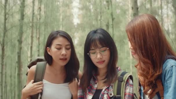 Escursionista Asiatica Donne Trekking Nella Foresta Giovane Felice Zaino Ragazze — Video Stock