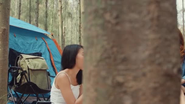 Skupina Mladých Asijských Kempinkových Přátel Sedících Židlích Stanu Lese Teenager — Stock video