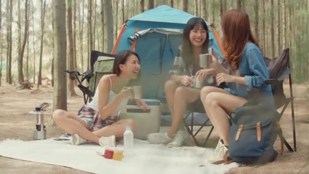Grupo Jóvenes Amigos Asia Campista Sentados Sillas Por Tienda Bosque — Vídeos de Stock