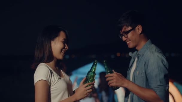 Couple Asia Teenagers Drinking Have Fun Salute Toast Bottle Beer — Stock Video