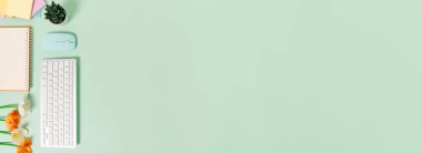 Çalışma masasının yaratıcı düz yatay fotoğrafı. Klavyesi, faresi ve pastel yeşil arka planda açık siyah defteri olan üst görünüm ofis masası. Üst görünüm, fotokopi alanı fotoğrafçılığıyla aynı..