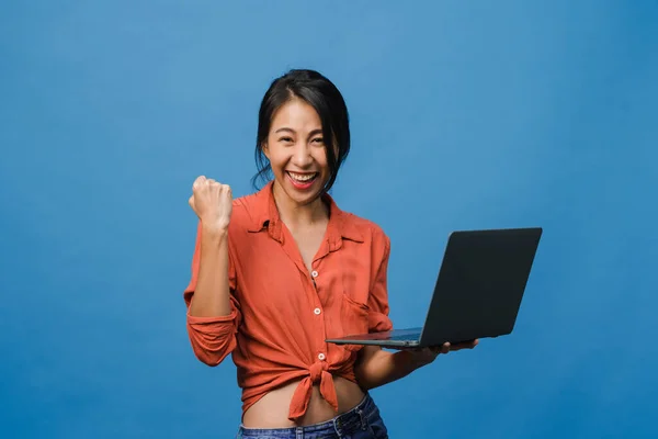 Young Asia Lady Using Laptop Positive Expression Smiles Broadly Dressed Stock Photo