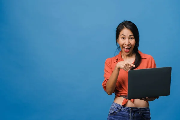Young Asia Lady Using Laptop Positive Expression Smiles Broadly Dressed Stock Picture