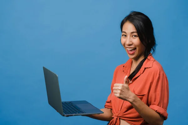 Young Asia Lady Using Laptop Positive Expression Smiles Broadly Dressed Royalty Free Stock Images