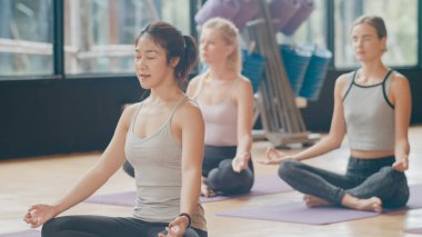 Genç, sportif insanlar eğitmenleriyle yoga dersi alıyor. Fitness stüdyosunda sağlıklı yaşam tarzı uygulayan çok ırklı bir grup kadın. Spor aktivitesi, jimnastik ya da bale dersi.