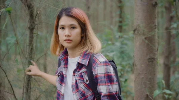 Retkeilijä Aasian Reppumatkailija Nainen Vaellus Seikkailu Tunne Vapautta Kävely Metsässä — kuvapankkivalokuva