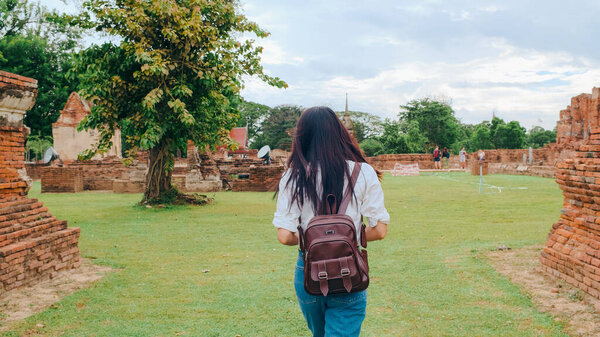 Traveler Asian Woman Spending Holiday Trip Ayutthaya Thailand Japanese Backpacker Royalty Free Stock Images