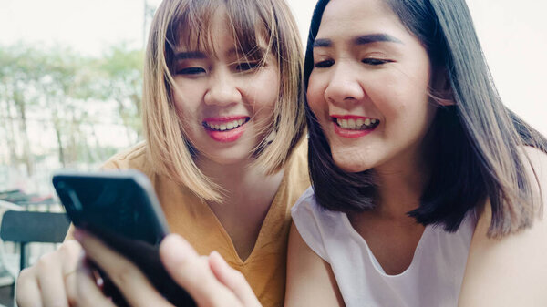 Young Asian Women Close Friend Tourist Casual Enjoy Smartphone Share Stock Photo
