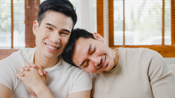 Portrait Young Asia Gay Couple Feeling Happy Showing Ring Home Royalty Free Stock Images