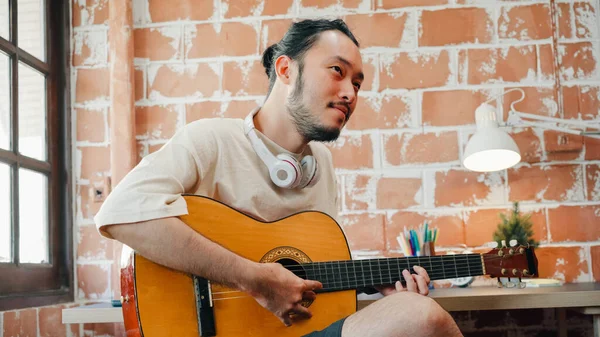 Artists Producing Music Home Sound Studio Asian Man Playing Guitar — Stock Photo, Image