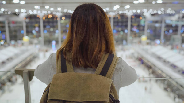 Young Asian Backpacker Woman Looking Terminal Hall While Waiting Her Royalty Free Stock Photos