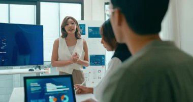 Birlikte çalışan Asyalı iş adamları grubu, iş toplantılarında gelir, kar veya satış istatistikleri içeren sunum programları kullanıyor. Finansal nesil z takımı e-ticaret projesinde beyin fırtınası yaptı.