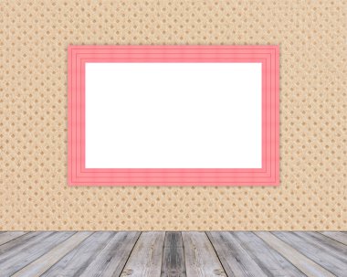 Blank wooden photo frame leaning at cloth wall and diagonal wood floor,Mock up for adding your design
