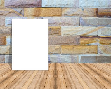 Blank paper poster on plank wooden floor and pattern marble wall,Template mock up for adding your design