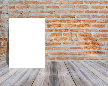 Blank paper poster on plank wooden floor and pattern marble wall,Template mock up for adding your design