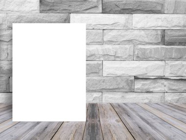 Blank white paper poster on plank wooden floor and pattern marble wall, Template mock up for adding your content.