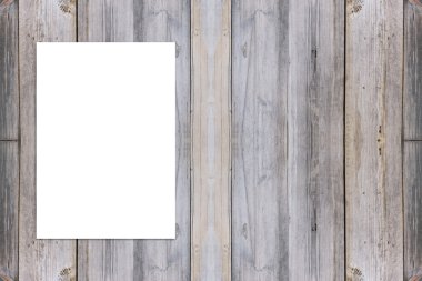 Ahşap duvar, şablon tasarımınızın ekleme için sahte asılı boş katlanmış kağıt afiş.
