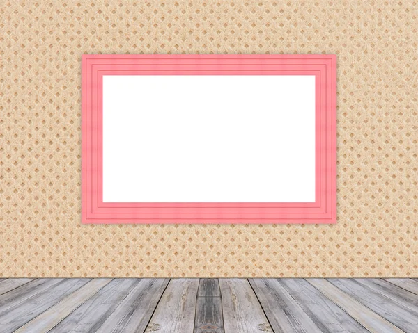 Blank wooden photo frame leaning at cloth wall and diagonal wood floor,Mock up for adding your design — ストック写真