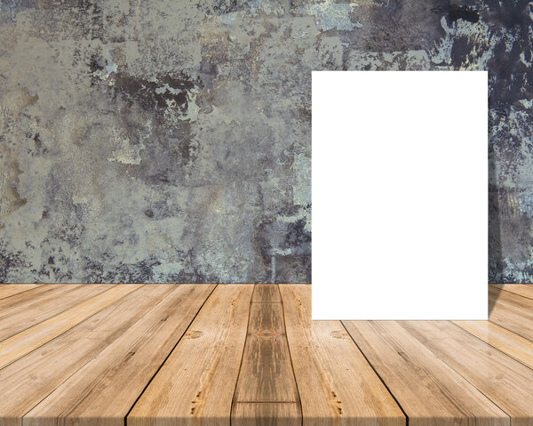White Blank Poster in concrete wall and tropical wooden table,Template Mock up for your content.