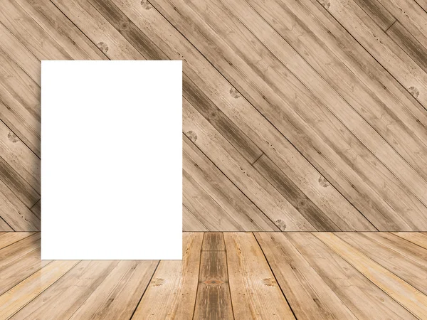 Blank poster leaning at plank wood wall and diagonal wooden floor. — Stock Photo, Image