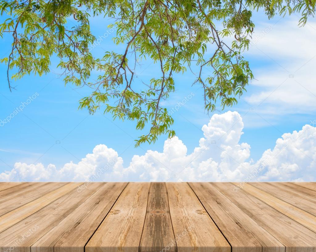 Vintage wooden board empty table in front of blue sea & sky background. Perspective wood floor over sea with tree - can be used for display or montage your products.