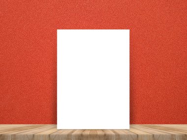 Tropikal ahşap masa üstü kırmızı kumaş duvar ile eğilerek boş beyaz poster.