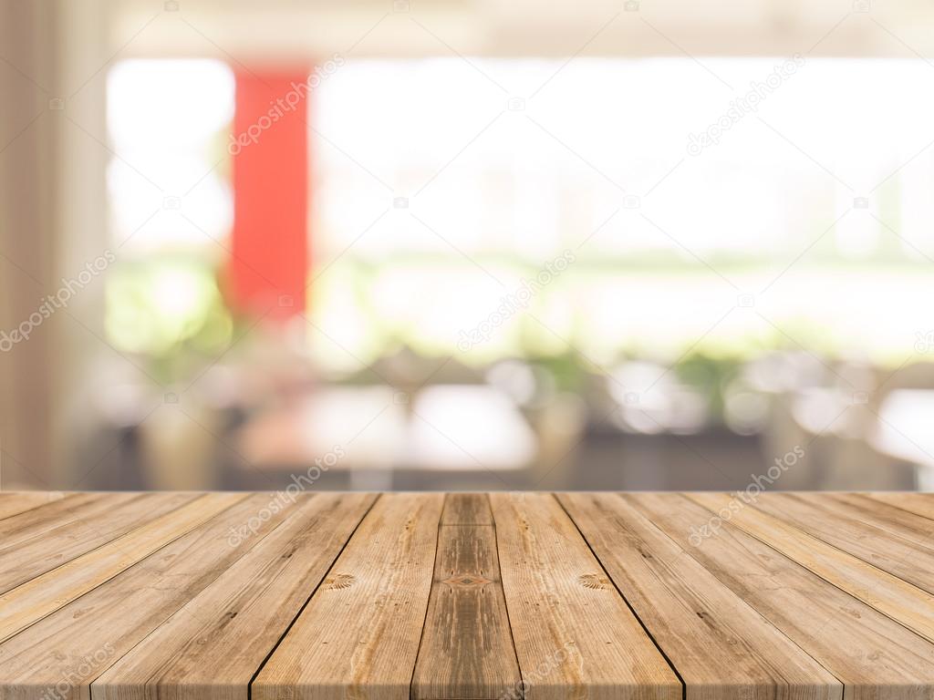 Wooden board empty table in front of blurred background