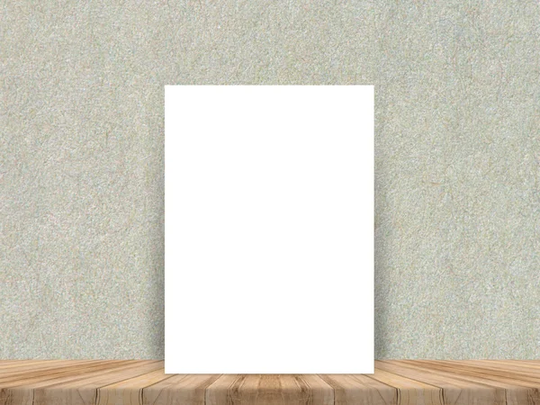 Czysty biały papier plakat w drewniane podłoga z desek tropikalnych i ściana papier, szablon makiety na dodawanie treści, zostawić po stronie przestrzeni na wyświetlaczu produktu — Zdjęcie stockowe