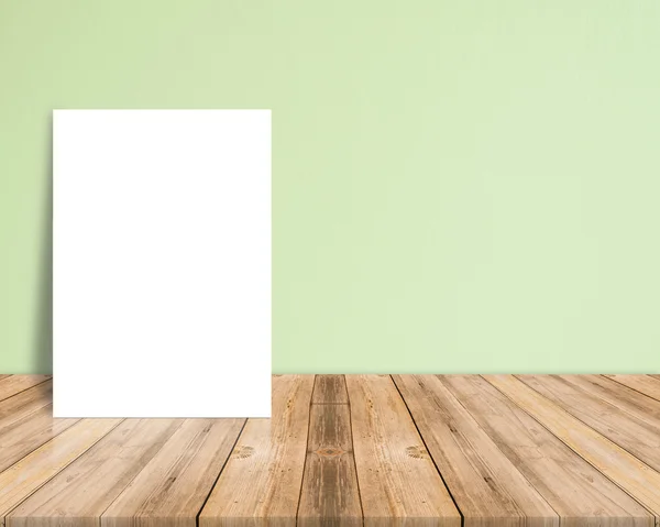 Blank white paper poster on plank wooden floor and concrete wall, Template mock up for adding your content,leave side space for display of product — Φωτογραφία Αρχείου