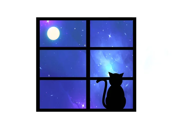 Gato Olhando Para Lua Sob Céu Estrelado Através Uma Janela Imagens Royalty-Free