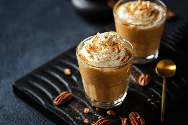 Autumn Fall Pumpkin Smoothie Drink Whipped Cream Cinnamon Served Glasses — Stock Photo, Image