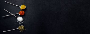 Koyu arka planda kaşıklardaki lezzetli rengarenk baharatlar. Üst Manzara. Pankart