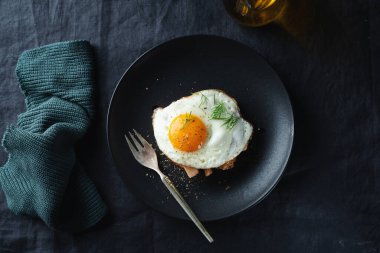 Koyu arkaplanda servis edilen tavuk parçaları ve kızarmış yumurta ile nefis iştah açıcı sandviç. Yakın plan.. 