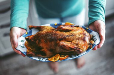 Sebzeli ördek pişirip fırından çıkaran bir kadın. Yaşam tarzı. Noel veya Şükran Günü konsepti. 