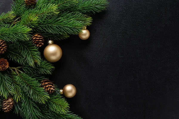 Déco Noël Avec Sapin Boules Sur Fond Sombre Flat Lay — Photo